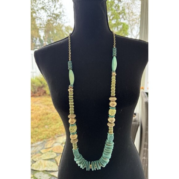 Chicos 20" Long Gold Tone Turquoise Blue Green Bead Statement Necklace NEW - Picture 1 of 11